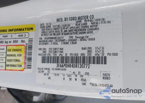 2013 Ford Fusion Se from USA, damaged, VIN 3FA6P0HR4DR130772